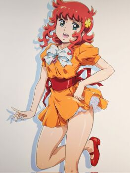 1girl back_ribbon blue_eyes bow bowtie clover_hair_ornament commentary_request dress drop_shadow foot_out_of_frame four-leaf_clover_hair_ornament grey_background hair_ornament hand_on_own_hip heart heart_necklace highres jewelry kanzaki_megu layered_dress leg_up looking_at_viewer majokko_megu-chan mary_janes medium_hair necklace open_mouth orange_dress puffy_short_sleeves puffy_sleeves red_hair red_ribbon red_sash red_shoes ribbon sash shoes short_dress short_sleeves simple_background smash_k-tarou smile solo standing thighs white_bow white_bowtie