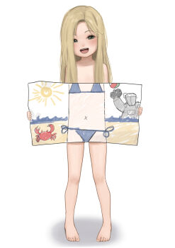 1girl :d barefoot bikini blonde_hair blue_bikini diana_(pragmata) drawing_(object) feet flat_chest forehead full_body green_eyes holding holding_drawing hugh_williams implied_nudity kuroshiro00 legs loli long_hair open_mouth parted_bangs pragmata side-tie_bikini_bottom simple_background smile solo swimsuit toenails toes very_long_hair white_background
