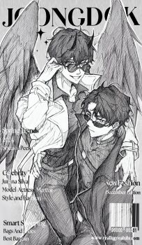 2boys :d adjusting_eyewear arm_around_waist barcode black_coat black_hair black_shirt black_wings coat collared_shirt cover english_text feathered_wings greyscale hand_on_another&#039;s_shoulder highres kim_dokja looking_at_viewer magazine_cover male_focus monochrome multiple_boys naasmcuti2217 official_alternate_costume omniscient_reader&#039;s_viewpoint open_clothes open_coat open_mouth outline popped_collar shirt short_hair sitting sitting_on_person smile sparkle sunglasses white_coat white_outline wings yaoi yoo_joonghyuk
