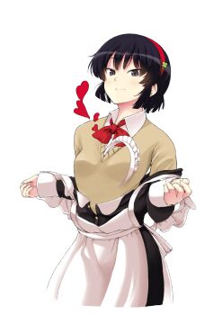 Rule 34 | 1girl, absurdres, apron, between breasts, black dress, black eyes, black hair, bow, bowtie, breasts, brown cardigan, cardigan, closed mouth, clover, collared shirt, cover image, cropped legs, dress, four-leaf clover, hairband, hashtag-only commentary, heart, highres, kujou meika, long sleeves, looking at viewer, maid, maid apron, maid day, maid headdress, meika-san wa oshikorosenai, red bow, red bowtie, red hairband, saitou shouki, school uniform, second-party source, shirt, short hair, simple background, small breasts, smile, solo, undressing, white apron, white background, white shirt