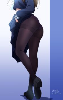 Rule 34 | 1girl, ass, black pantyhose, blue shirt, blue skirt, brown hair, clothes lift, from behind, hibike! euphonium, highres, kuroe mayu, lifting own clothes, long hair, long sleeves, lower body, nii manabu, panties, panties under pantyhose, pantyhose, school uniform, shirt, skirt, skirt lift, solo, thighband pantyhose, thighs, underwear