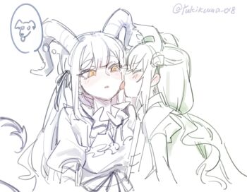 2girls animal_ear_fluff animal_ear_piercing animal_ears arknights artist_name bang_dream! bang_dream!_it&#039;s_mygo!!!!! blush center-flap_bangs chinese_commentary closed_eyes commentary_request curled_horns demon_girl demon_horns demon_tail dog drill_hair drill_ponytail ear_blush furrowed_brow hair_ribbon highres horns licking licking_another&#039;s_cheek licking_another&#039;s_face light_blush long_hair low_ponytail morpheus_(arknights) multiple_girls multiple_monochrome parted_lips ponytail profile puffy_sleeves ribbon simple_background sketch speech_bubble spoken_animal tail tail_raised thought_bubble togawa_sakiko togawa_sakiko_(master_of_melodia) tongue tongue_out twitter_username upper_body white_background yellow_eyes yukikuma_(yukikuma_018) yuri