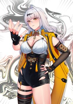 1girl absurdres black_gloves black_shorts black_thighhighs blush breasts cleavage closed_mouth collared_shirt commentary cruzvu english_commentary fingerless_gloves gloves hair_ornament hand_on_own_hip high-waist_shorts highres jacket large_breasts long_hair looking_at_viewer open_clothes open_jacket orange_jacket shirt shirt_tucked_in shorts single_thighhigh skindentation smile solo template thigh_strap thighhighs thighs throwing white_hair white_shirt yellow_eyes yixuan_(zenless_zone_zero) zenless_zone_zero