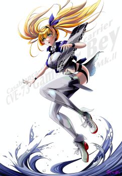 1girl absurdres agano_class_no3 blonde_hair blue_eyes blue_jacket blush boots breasts collared_shirt commentary flight_deck full_body gambier_bay_(kancolle) gambier_bay_mk_ii_(kancolle) grey_thighhighs hair_between_eyes hairband half-skirt highres jacket kantai_collection large_breasts long_hair multicolored_hairband navel open_mouth shirt skirt thighhighs twintails water white_background white_shirt