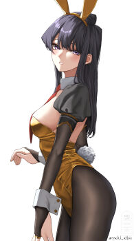 Rule 34 | 1girl, absurdres, animal ears, black hair, black pantyhose, blush, breasts, cleavage, collar, commentary request, detached collar, fake animal ears, fake tail, from side, hair between eyes, highleg, highleg leotard, highres, komi-san wa komyushou desu, komi shouko, large breasts, leotard, light blush, long hair, looking at viewer, multicolored hair, necktie, pantyhose, playboy bunny, puffy sleeves, purple eyes, purple hair, rabbit ears, rabbit tail, red necktie, simple background, solo, tail, teeth, twitter username, upper body, watermark, white background, white collar, wrist cuffs, yuhi (yuhi atb26)