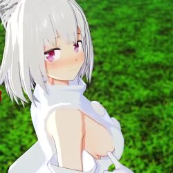 1girl 3d animal_ears animated blush breast_poke breasts disembodied_hand inubashiri_momiji jiggle large_breasts looking_at_viewer mofumoko5 no_bra poking red_eyes sideboob solo tagme touhou video white_hair wolf_ears