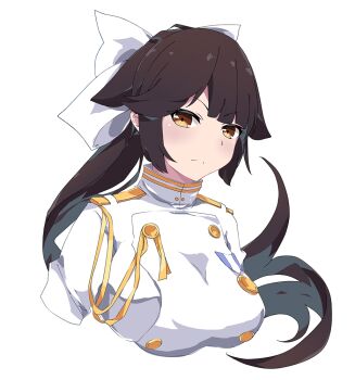 1girl azur_lane bow breasts brown_eyes brown_hair commentary_request frown hair_bow jacket large_breasts long_hair looking_at_viewer medal simple_background solo takao_(azur_lane) upper_body vanna very_long_hair white_background white_bow white_jacket