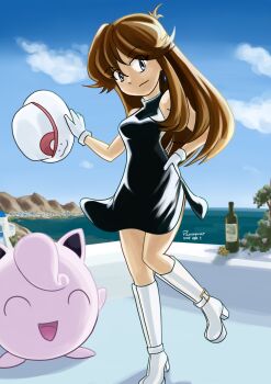 1girl ahoge armpit_crease balcony bare_shoulders beach black_dress blue_eyes blurry boots bottle breasts brown_hair closed_eyes day depth_of_field ditto dress eyelashes feet_up female_focus food fruit full_body gen_1_pokemon gloves grapes green_(pokemon) hand_on_own_hip hand_up happy hat head_tilt high_heel_boots high_heels highres holding holding_unworn_clothes jigglypuff knee_boots knees legs long_hair looking_at_viewer medium_breasts mountainous_horizon nintendo ocean outdoors parted_bangs pilosophos pokemon pokemon_adventures porkpie_hat short_dress side_slit sidelocks signature sky sleeveless sleeveless_dress smirk standing standing_on_one_leg thighs tight_clothes tight_dress transformed_ditto turtleneck turtleneck_dress unworn_hat unworn_headwear when_you_see_it white_boots white_gloves wine_bottle