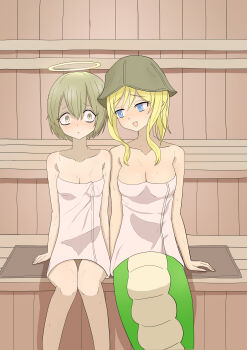 2girls absurdres blonde_hair blush breasts brown_eyes cat-meteor cleavage closed_mouth collarbone fangs halo highres indoors jashin-chan jashin-chan_dropkick lamia long_hair looking_at_another monster_girl multiple_girls naked_towel open_mouth pekora_(jashin-chan_dropkick) sauna short_hair small_breasts smile sweat towel