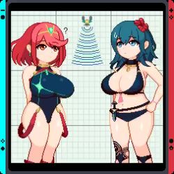 2girls animated bikini black_one-piece_swimsuit blue_eyes blue_hair boss_galaga bouncing_breasts breasts female_byleth_(fire_emblem) female_byleth_(summer)_(fire_emblem) chest_jewel competition_swimsuit dagger earrings fire_emblem fire_emblem:_three_houses fire_emblem_heroes floating_earrings galaga gem hair_ornament headpiece jewelry joy-con knife large_breasts long_hair looping_animation medium_hair multiple_girls navel nintendo nintendo_switch official_alternate_costume one-piece_swimsuit pyra_(pro_swimmer)_(xenoblade) pyra_(xenoblade) raccoon_(potesara) red_eyes red_hair short_hair super_smash_bros. swept_bangs swimsuit tiara video weapon xenoblade_chronicles_(series) xenoblade_chronicles_2