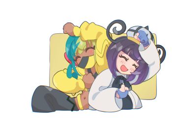 2girls aqua_hair bandeau black_dress black_hair black_mask blonde_hair blue_gloves blunt_bangs blush bob_cut canari_(pokemon) closed_eyes coat commentary_request criss-cross_straps dark-skinned_female dark_skin dress gloves gradient_hair gwynn_(pokemon) hat jacket long_sleeves mask mega_stone mizuiro123 mouth_mask multicolored_hair multiple_girls navel nintendo open_clothes open_coat open_mouth pants partially_fingerless_gloves pokemon pokemon_legends:_z-a purple_hair short_hair short_twintails smile split-color_hair sports_bra twintails two-tone_hair two-tone_mask white_coat yellow_bandeau yellow_jacket yellow_mask yellow_sports_bra