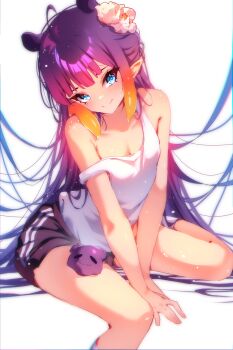 1girl blue_eyes blunt_bangs commentary english_commentary flower gradient_hair hair_flower hair_ornament highres hololive hololive_english long_hair multicolored_hair ninomae_ina'nis orange_hair pointy_ears purple_hair short_shorts shorts sitting smile takodachi_(ninomae_ina'nis) tank_top the0neulost virtual_youtuber white_background white_flower white_tank_top