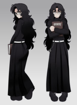 1girl absurdres belt belt_skirt black_boots black_eyeshadow black_hair black_skirt book boots breasts commentary doro_(doros3n) english_commentary eyeshadow from_behind full_body genderswap genderswap_(mtf) glasses gradient_background highres holding holding_book long_hair long_skirt looking_back makeup miles_(lacryboy) original parted_bangs skirt small_breasts solo