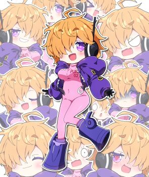 &gt;_&lt; 0_0 1girl :d absurdres ahoge black_gloves blush bodysuit breasts chibi closed_eyes closed_mouth commentary_request covered_groin covered_navel cropped_jacket gloves grin hair_over_one_eye heart heart-shaped_pupils highres hood hood_down hooded_jacket jacket large_breasts long_sleeves milkpanda multiple_views one_piece open_clothes open_jacket open_mouth orange_hair pink_bodysuit puffy_long_sleeves puffy_sleeves purple_eyes purple_jacket sharp_teeth short_eyebrows simple_background smile symbol-shaped_pupils teeth thick_eyebrows v-shaped_eyes vegapunk_lilith white_background