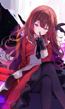 1girl arm_at_side black_gloves black_necktie black_pantyhose braid center-flap_bangs commentary_request cropped_jacket crossed_legs feet_out_of_frame finger_to_mouth gloves hand_up highres index_finger_raised jacket komone_ushio layered_skirt long_hair long_sleeves looking_at_viewer multicolored_skirt necktie original pantyhose parted_lips pink_eyes red_hair red_jacket shirt shushing side_braid sitting skirt smile solo very_long_hair white_shirt