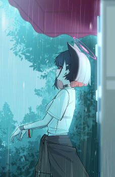 1girl absurdres animal_ears black_choker black_hair blue_archive cat_ears choker clothes_around_waist colored_inner_hair commentary extra_ears from_side hair_ornament hairclip halo highres jacket jacket_around_waist kazusa_(band)_(blue_archive) kazusa_(blue_archive) multicolored_hair outdoors pink_hair pink_halo rain red_eyes short_hair short_sleeves solo untranslatable_commentary white_hair whonyang