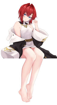 Rule 34 | 1girl, absurdres, ange katrina, ange katrina (1st costume), armpit crease, bare legs, bare shoulders, barefoot, black coat, blue eyes, breasts, coat, collared dress, commentary request, dress, full body, hair between eyes, hair intakes, hair ornament, hand up, head tilt, highres, holding, holding own hair, invisible chair, kirikan (cokekiri), long sleeves, looking at viewer, medium breasts, medium hair, nijisanji, off shoulder, parted lips, partial commentary, red hair, short dress, simple background, sitting, sleeveless, sleeveless dress, solo, triangle hair ornament, virtual youtuber, white background, white dress, wide sleeves