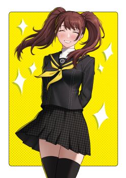 1girl absurdres arms_behind_back black_serafuku black_skirt black_thighhighs blush border brown_hair closed_eyes commission commissioner_upload cowboy_shot earrings facing_viewer grin high_collar highres ikhwan_maulana jewelry kujikawa_rise long_hair neckerchief non-web_source outside_border persona persona_4 school_uniform serafuku shirt skirt smile solo thighhighs twintails white_border white_shirt yasogami_school_uniform yellow_background yellow_neckerchief zettai_ryouiki