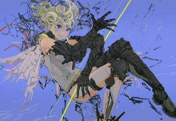 Rule 34 | 1girl, bare shoulders, blonde hair, blue eyes, cable, commentary request, cyborg, highres, looking to the side, mechanical arms, mechanical legs, mechanical wings, original, science fiction, short hair, smile, solo, uturo, wavy hair, wings