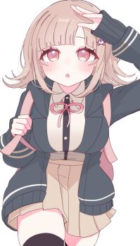 1girl breasts brown_hair chi_gu collared_shirt commentary_request danganronpa_(series) danganronpa_2:_goodbye_despair flipped_hair hair_ornament highres jacket long_sleeves looking_at_viewer medium_hair nanami_chiaki neck_ribbon open_clothes open_jacket pink_eyes pink_ribbon pleated_skirt ribbon shirt skirt solo thighhighs white_shirt
