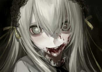 1girl absurdres bags_under_eyes black_hairband blood blood_from_mouth blood_on_face blood_on_teeth grey_eyes grin hair_between_eyes hairband highres jiz_(pffbq) lace_hairband long_hair looking_at_viewer original portrait smile solo teeth white_hair