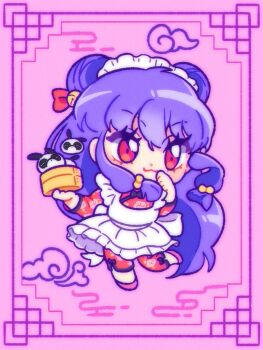 Rule 34 | 1girl, apron, bell, chibi, chinese clothes, commentary request, floral print, hair bell, hair ornament, highres, long hair, maid apron, maid headdress, pants, purple background, purple hair, ram chuu, ranma 1/2, red eyes, red pants, red shirt, shampoo (ranma 1/2), shirt, sidelocks, smile, white apron
