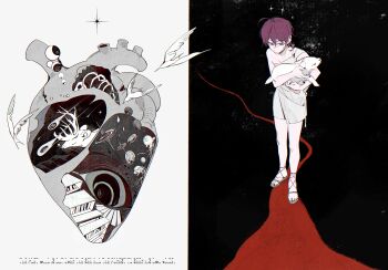 1boy absurdres ahoge animal bird full_body green_eyes hai_yexing_ren heart_(organ) highres holding holding_animal holding_sheep looking_at_animal male_focus original sheep short_hair solo standing white_bird