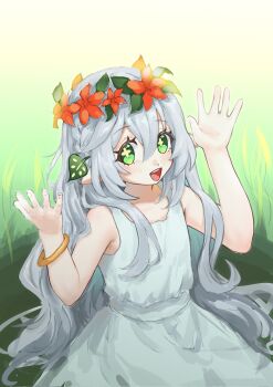070203wjx 1girl alternate_costume alternate_hairstyle bracelet braid collarbone cross-shaped_pupils dress eyelashes fingernails flower flower_wreath genshin_impact gold grass green_eyes hair_between_eyes hair_down hair_ornament half_crown_braid hands_up highres jewelry leaf leaf_hair_ornament light_blush long_hair looking_at_viewer nahida_(genshin_impact) open_hands open_mouth outdoors pointy_ears red_flower sidelocks sitting sleeveless sleeveless_dress solo symbol-shaped_pupils tareme teeth tongue upper_body upper_teeth_only white_dress white_hair yellow_pupils