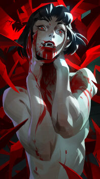 1girl black_hair blood blood_from_mouth blood_on_face blood_on_hands blood_on_neck bob_cut colored_skin commentary deadlock_(game) fangs grey_skin guro highres holding_neck jeremy_anninos licking_lips mina_(deadlock) nude red_eyes solo symbol-only_commentary tongue tongue_out undead upper_body vampire