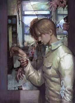 1boy blood breast_pocket brown_hair buttons closed_mouth collared_shirt commission crack cracked_glass expressionless from_side henry_townshend highres holding_another&#039;s_wrist long_sleeves male_focus mirror pocket sad second-party_source shirt short_hair silent_hill_(series) silent_hill_4:_the_room the_old_crane white_shirt