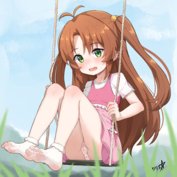 1girl ankle_socks antenna_hair blue_sky blush bobby_socks boppin brown_hair cameltoe commentary day dress fang feet frilled_dress frills full_body grass green_eyes hair_bobbles hair_ornament highres koshigaya_komari loli long_hair no_shoes non_non_biyori on_swing open_mouth outdoors panties pantyshot parted_bangs pinafore_dress pink_dress polka_dot polka_dot_panties shirt short_sleeves sidelocks signature sitting sky sleeveless sleeveless_dress socks solo swing swinging toes two_side_up underwear upskirt very_long_hair white_panties white_shirt white_socks