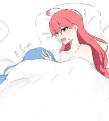 Rule 34 | 2girls, ahoge, blue hair, blush, commentary request, from above, green eyes, hand on another&#039;s head, hatehate, hickey, highres, hololive, hoshimachi suisei, long hair, looking at another, multiple girls, nude, on bed, open mouth, pillow, red hair, sakura miko, sweatdrop, translation request, under covers, virtual youtuber, yuri