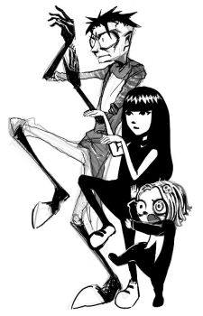 1boy 2girls black_dress black_gloves black_hair dress emily_the_strange fang gloves height_difference johnny_c johnny_the_homicidal_maniac leg_up lenore_lynchfast lenore_the_cute_little_dead_girl mismatched_pupils monochrome multiple_girls oin5hg open_mouth standing standing_on_one_leg undercut white_background yotsubato!_pose