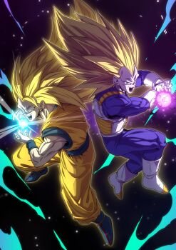 2boys absurdres armor blonde_hair blue_bodysuit blue_boots blue_sash blue_shirt bodysuit boots dougi dragon_ball dragon_ball_daima dragonball_z energy_ball full_body galick_gun gloves green_eyes highres horang4628 kamehameha_(dragon_ball) long_hair male_focus multiple_boys no_eyebrows orange_pants orange_shirt pants saiyan_armor sash shirt son_goku spiked_hair super_saiyan super_saiyan_3 vegeta white_armor white_boots white_gloves