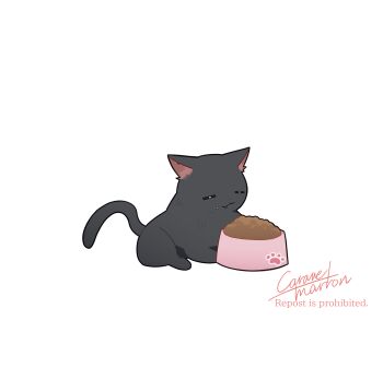 Rule 34 | black cat, bowl, caramelmarron, cat, chibi, chibi only, highres, missing commentary, no humans, pet bowl, pet food, signature, simple background, solo, white background, wuthering waves
