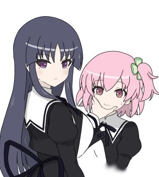 2girls :t arm_at_side assault_lily black_hair black_ribbon black_skirt blush breasts buttons closed_mouth clover_hair_ornament commentary_request cropped_arms cropped_torso four-leaf_clover_hair_ornament grabbing_another's_chin hair_ornament hand_on_another's_chin hand_up high-waist_skirt hitotsuyanagi_riri juliet_sleeves kimassi large_breasts long_hair long_sleeves looking_at_viewer looking_back multiple_girls neck_ribbon one_side_up pink_eyes pink_hair puffy_sleeves purple_eyes ribbon school_uniform shirai_yuyu shirt short_hair sidelocks simple_background skirt sweatdrop upper_body very_long_hair white_background white_shirt yurigaoka_girls_academy_school_uniform