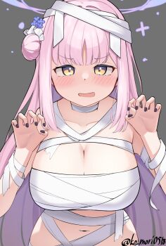 1girl bandaged_chest bandaged_head bandaged_neck bandaged_torso bandaged_wrist bandages black_nails blue_archive blush breasts claw_pose cleavage collarbone fingernails flower grey_background hair_bun hair_flower hair_ornament hair_ribbon halo highres huge_breasts koomori long_hair looking_at_viewer mika_(blue_archive) mummy_costume nail_polish naked_bandage navel open_mouth pink_hair pink_halo purple_flower ribbon single_side_bun solo stomach twitter_username white_ribbon yellow_eyes