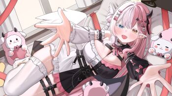 1girl absurdres armband asymmetrical_sleeves asymmetrical_wings bare_shoulders bed bed_sheet black_horns blue_eyes blush breasts cellphone cleavage commentary detached_sleeves dress dutch_angle fangs feet frilled_armband frilled_dress frilled_sleeves frills garter_straps hair_between_eyes hair_bun hair_ornament heart heart_o-ring heterochromia highres hiyayo25 horns indie_virtual_youtuber indoors large_breasts long_hair long_sleeves looking_at_viewer low_wings lying mismatched_sleeves momosiro_kana multicolored_hair nail_polish o-ring on_bed on_side open_hands open_mouth outstretched_arms phone pill_hair_ornament pillow pink_dress pink_hair pointy_ears red_ribbon ribbon single_horn single_side_bun single_thighhigh skull_hair_ornament smartphone smile solo split-color_clothes split-color_hair stuffed_toy symbol-only_commentary thigh_strap thighhighs thighs toes too_many_hair_ornaments very_long_hair virtual_youtuber white_dress white_hair white_thighhighs wings x_hair_ornament yellow_eyes