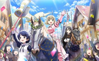 Rule 34 | 3girls, apron, arm up, armor, armored boots, army, artist request, back bow, banner, barding, black capelet, black hair, blue bow, blue bowtie, blue dress, blue eyes, blue hair, blue sky, boots, bow, bowtie, braid, breastplate, bun with braided base, capelet, closed mouth, cloud, collared shirt, confetti, cross, day, dot nose, dress, expressionless, faulds, frilled apron, frilled dress, frills, full body, game cg, gloves, green eyes, grey hair, hair between eyes, hair bun, happy, highres, holding, holding banner, holding reins, horseback riding, house, jeanne d'arc (madoka magica), juliet sleeves, light blush, light rays, long dress, long hair, long hair between eyes, long sleeves, looking at viewer, loose hair strand, magical girl, mahou shoujo madoka magica, mahou shoujo madoka magica magia exedra, mahou shoujo tart magica, maid, maid headdress, melissa de vignolles, mole, mole under eye, multiple girls, official art, open mouth, outdoors, pantyhose, pauldrons, people, pink boots, pink bow, pink dress, pink gloves, pink pantyhose, polearm, puffy long sleeves, puffy sleeves, reins, riding, riz hawkwood, shirt, short hair, shoulder armor, showgirl skirt, single bracer, single braid, single pauldron, sky, sleeve cuffs, smile, spear, sunlight, tareme, third-party source, turtleneck, turtleneck dress, upper body, very long hair, village, waving, weapon, white apron, white bow, white shirt, yellow eyes