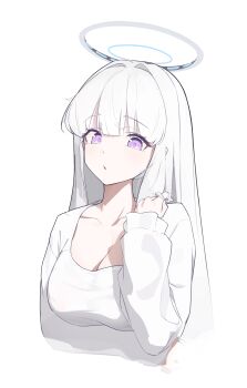 1girl absurdres blue_archive breasts cleavage halo highres long_hair mechanical_halo nightgown noa_(blue_archive) noa_(pajamas)_(blue_archive) official_alternate_costume pajamas purple_eyes ryua_(user_kedz2257) simple_background sleepwear solo upper_body white_background white_hair white_halo white_nightgown white_pajamas