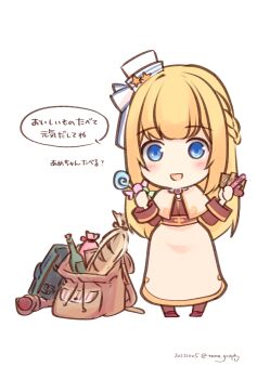 Rule 34 | 1girl, acolyte (ragnarok online), bag, baguette, blonde hair, blue eyes, blush, braid, bread, brown capelet, brown shirt, brown skirt, candy, capelet, chibi, chibi only, commentary request, dated, food, full body, half up braid, hat, hat ornament, highres, lollipop, long hair, long sleeves, looking at viewer, open mouth, pillbox hat, ragnarok masters, ragnarok online, sakuraji tomoka, shield, shirt, simple background, skirt, smile, solo, staff, standing, star (symbol), star hat ornament, swirl lollipop, translation request, white background, white hat