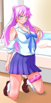 1girl absurdres bed blue_bow blue_shirt blue_skirt border bow breasts brown_shoes cleavage clothing_cutout collared_shirt commentary cone_hair_bun earrings fujish fuufu_ijou_koibito_miman. green_eyes hair_between_eyes hair_bun heart heart_earrings highres jewelry kneeling large_breasts light_blush long_hair looking_at_viewer pink_hair pleated_skirt shirt shoes shoulder_cutout skirt smile socks table thigh_scrunchie watanabe_akari white_socks