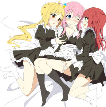 3girls absurdres ahoge ankle_socks apron black_dress black_socks blonde_hair blue_eyes blush bocchi_the_rock! bra breasts chinese_commentary choppy_bangs cleavage collared_dress commentary_request contrast_collar covered_mouth cube_hair_ornament dot_nose dress from_above gotoh_hitori hair_ornament highres ijichi_nijika kita_ikuyo kneehighs large_breasts long_hair looking_at_another lying maid mixed-language_commentary multiple_girls no_shoes nose_blush on_back on_bed one_eye_closed one_side_up open_mouth orange_hair panties panty_pull partial_commentary partially_unbuttoned pink_bra pink_hair pink_panties pulling_another's_clothes raised_inner_eyebrows red_hair shirt short_dress side_ponytail sideways_mouth sleeve_cuffs smile socks soha_(sirohase) straight_hair underwear waist_apron white_apron white_shirt wing_collar yellow_eyes yuri