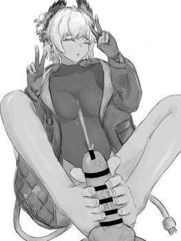 1girl absurdres arknights bar_censor barefoot censored closed_eyes cum double_v ejaculation feet footjob highres medium_hair monochrome open_mouth raidian_(arknights) sixu toes v