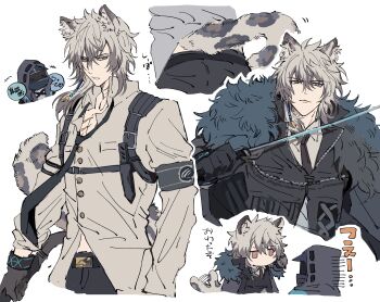 1boy 1other absurdres afterimage animal_ear_fluff animal_ears arknights armband ass black_cape black_gloves black_jacket black_necktie black_pants brown_eyes cape chibi closed_mouth collared_shirt cropped_torso doctor_(arknights) dress_shirt fur_trim gloves grey_eyes grey_hair grey_shirt hair_between_eyes highres holding holding_sword holding_weapon holster hood hood_up hooded_jacket infection_monitor_(arknights) jacket knife leopard_ears leopard_tail long_sleeves looking_at_viewer loose_necktie male_focus multiple_views necktie pants parted_lips sheath shirt shoulder_holster silverash_(arknights) simple_background sword tail tail_wagging toramaru_(696anna) weapon white_background white_shirt