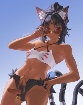 1girl absurdres adjusting_eyewear alternate_costume animal_ear_fluff animal_ears aragiken bell bikini black_hair breasts cable cable_tail cat_ears cat_girl cat_tail closed_mouth collarbone commentary cowbell cowboy_shot dark-skinned_female dark_skin english_commentary erection female_pubic_hair futa_without_pussy futanari gluteal_fold hand_on_own_hip highres jingle_bell looking_at_viewer looking_over_eyewear mechanical_tail multiple_tails navel nekomiya_mana penis pubic_hair red_eyes revision small_breasts smile solo sunglasses swimsuit tail thorns tinted_eyewear two_tails v-shaped_eyebrows veins veiny_penis zenless_zone_zero