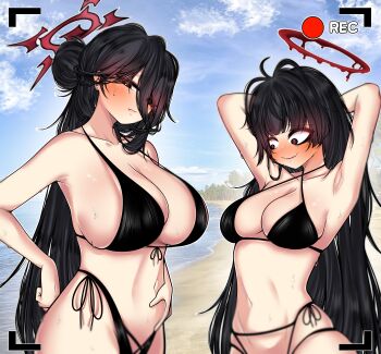 absurdres bare_shoulders bikini black_bikini black_hair black_wings blue_archive blush breasts cleavage collarbone commentary ear_piercing fang front-tie_bikini_top front-tie_top groin hair_between_eyes hair_bun hair_ornament halo hasumi_(blue_archive) hasumi_(swimsuit)_(blue_archive) highres huge_breasts kin_bbum large_breasts long_hair long_hair_between_eyes looking_at_viewer navel no_wings official_alternate_costume official_alternate_hairstyle piercing red_eyes red_halo side-tie_bikini_bottom side_ponytail sideboob single_side_bun stomach swimsuit symbol-only_commentary thighs translation_request tsurugi_(blue_archive) tsurugi_(swimsuit)_(blue_archive) very_long_hair wings