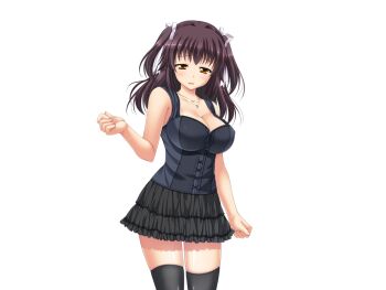 1girl aomi_riru black_camisole black_hair black_skirt black_thighhighs blush breasts camisole cleavage collarbone cowboy_shot game_asset hair_between_eyes hair_ribbon half-closed_eyes hand_up jewelry kogure_miori large_breasts large_variant_set long_hair miniskirt necklace non-web_source official_art open_mouth raised_inner_eyebrows ribbon self-datamine sidelocks simple_background skirt solo standing tachi-e thighhighs transparent_background two_side_up variant_set white_ribbon yellow_eyes yumemi_ga_cheek! zettai_ryouiki
