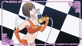 1girl angel_wings anime_screenshot ass bikini breasts collar crop_top elbow_gloves gloves kurihara_kyoko makeup medium_breasts mf_ghost panties race_queen solo swimsuit tool tools underwear white_panties wings