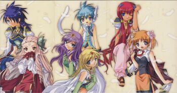 00s 6+girls absurdres anise_azeat apricot_sakuraba blonde_hair blue_eyes blue_hair broccoli_(company) brown_eyes cape dress dual_persona elbow_gloves facial_mark feathers forehead_mark galaxy_angel galaxy_angel_rune gloves hair_ornament hair_over_one_eye hair_ribbon headset highres izayoi_natsume kahlua_marjoram kanan lily_c._sherbet long_hair midriff multiple_girls nano-nano_pudding one_eye_closed orange_skirt pink_hair purple_eyes purple_hair red_hair ribbon sandals short_hair skirt tail tequila_marjoram tiara twintails very_long_hair wink yellow_background